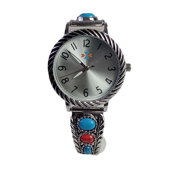 NEW Canyon Sky Watch Women Silver Tone Faux Turquoise Stretch Band WORKS - Picture 1 of 7